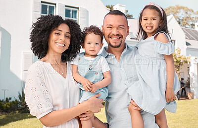 Buy stock photo Father, mother or portrait of children in new home or real estate with a happy family with love or care. Dream house, excited or young kids with proud dad, mom or smile on property after relocation