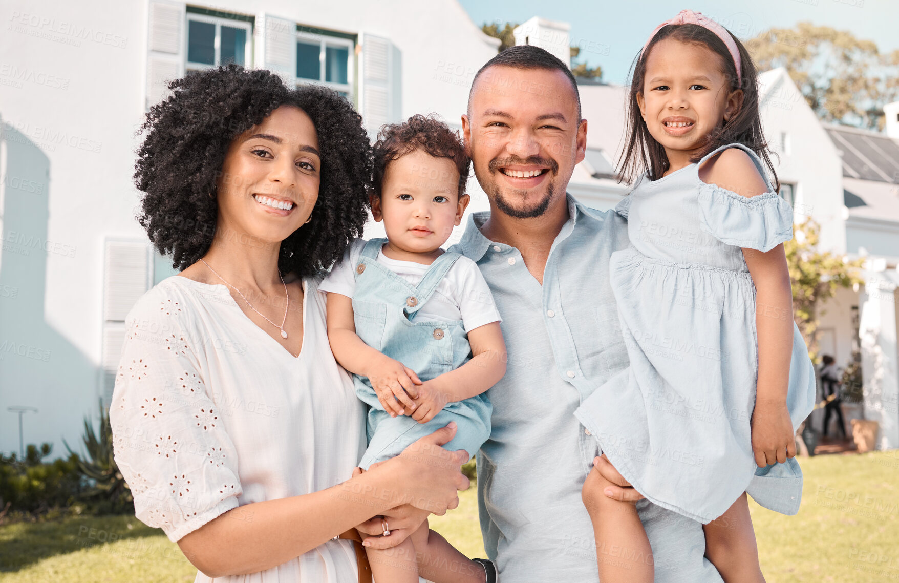 Buy stock photo Father, mother or portrait of children in new home or real estate with a happy family with love or care. Dream house, excited or young kids with proud dad, mom or smile on property after relocation