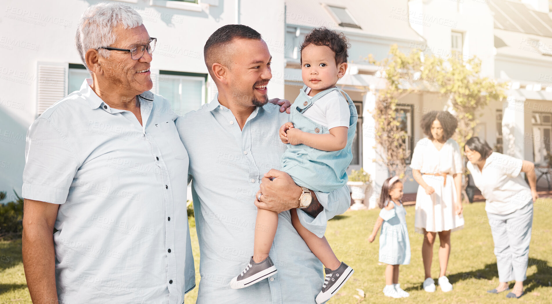 Buy stock photo Father, grandma or portrait of child in new home or real estate with a happy family with love or care. House, garden or senior grandparent with a happy man or young boy kid with a smile on a property