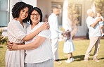 Mother, grandma and hug portrait outdoor at new home with family and happy from love and trust. House, real estate and garden with mom and senior mama together with a smile from property purchase