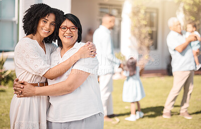 Buy stock photo Mother, grandma and hug portrait outdoor at new home with family and happy from love and trust. House, real estate and garden with mom and senior mama together with a smile from property purchase