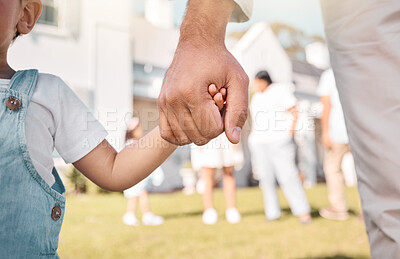 Buy stock photo Closeup, parent or child holding hands in new home or real estate as family bonding with love or care. Support, embrace or guardian with a young kid with affection moving in to house property grass 