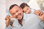 Father, family and piggy back laugh with portrait outdoor with a smile from dad and young boy with fun. Child, papa and relax together in garden with parent care, love and support for kids with joy