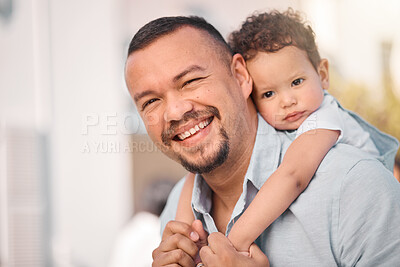Buy stock photo Father, family portrait and piggy back fun outdoor with a smile from dad and young boy with fun. Child, papa and relax together in garden with parent care, love and support for kids  with joy