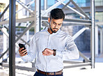 Business, outdoor and man with a smartphone, check time and schedule with a consultant, punctual and internet connection. Male person, employee outside or agent with a cellphone, watch or appointment