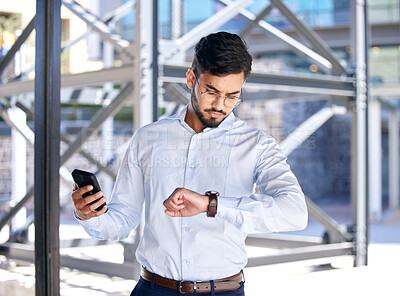 Buy stock photo Business, outdoor and man with a smartphone, check time and schedule with a consultant, punctual and internet connection. Male person, employee outside or agent with a cellphone, watch or appointment