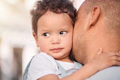 Buy stock photo Love, dad and child hug, family bonding with support and trust in safety of parents embrace. Security, future hope and father holding baby outside, hugging and spending safe quality time together.