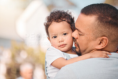 Buy stock photo Love, dad and portrait of child hugging, family bonding mockup with support and trust in safety of parents embrace. Security, future hope and father with baby, hug and spending quality time together.