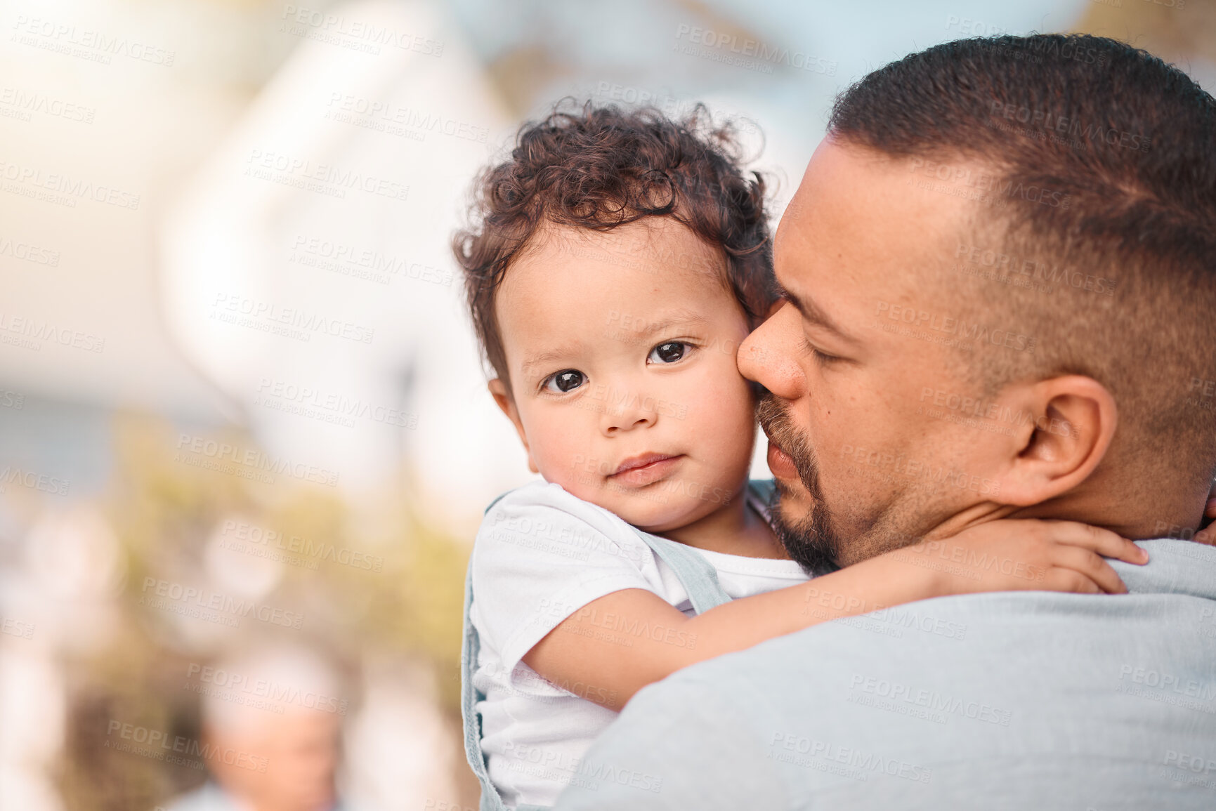 Buy stock photo Love, dad and portrait of child hugging, family bonding mockup with support and trust in safety of parents embrace. Security, future hope and father with baby, hug and spending quality time together.