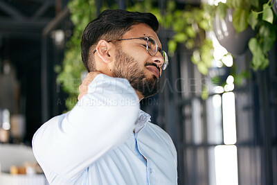 Buy stock photo Business man, neck pain and problem with health issue and muscle fatigue in a office. Employee, young male person and professional and injury of worker feeling tired from inflammation at work