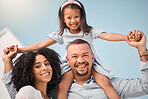 Family in portrait, girl on man shoulders and happy people outdoor, mother and father with young daughter bonding. Parents, female kid and smile, happiness and care, love and quality time together