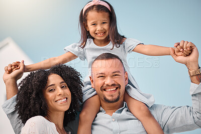 Buy stock photo Family in portrait, girl on man shoulders and happy people outdoor, mother and father with young daughter bonding. Parents, female kid and smile, happiness and care, love and quality time together