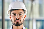 Architecture, serious and portrait of man on construction site for engineering, design and building. Labor, real estate and property with face of contractor for renovation, builder and maintenance