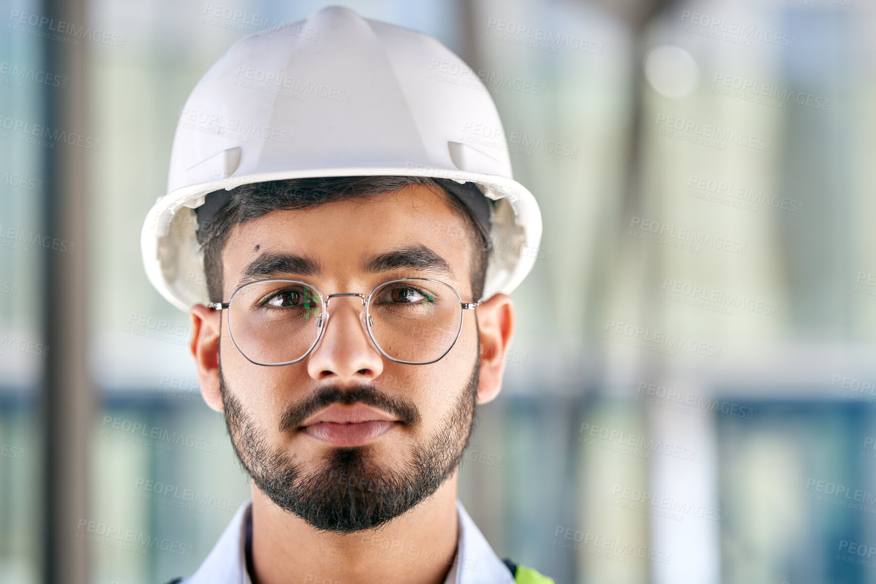 Buy stock photo Architecture, serious and portrait of man on construction site for engineering, design and building. Labor, real estate and property with face of contractor for renovation, builder and maintenance