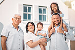 Happy, smile and portrait of big family at new house for love, support and generations. Happiness, relax and grandparents with children and father at home together for free time, care or affectionate