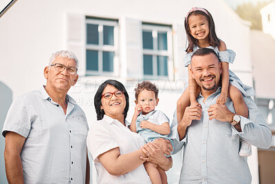 Buy stock photo Happy, smile and portrait of big family at new house for love, support and generations. Happiness, relax and grandparents with children and father at home together for free time, care or affectionate
