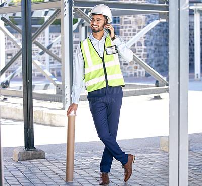 Buy stock photo Architect, phone call and happy man with blueprint at construction site, networking and communication with plan. Engineering, cellphone and negotiation discussion for safety and planning with smile.
