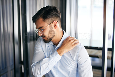 Buy stock photo Business man, shoulder pain and problem with health issue and muscle fatigue in an office. Employee, young and male person, professional and injury of worker feeling tired from inflammation at work
