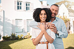 New home, real estate and portrait of couple hug in yard excited for moving to house, property and rental. Love, relationship and happy man and woman embrace for investment, mortgage and homeowner