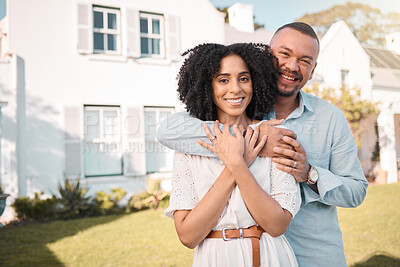 Buy stock photo New home, real estate and portrait of couple in garden excited for moving to house, property and rental. Love, relationship and happy man and woman embrace for investment, mortgage and homeowner