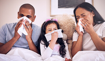 Buy stock photo Family, sick and blowing nose on a bed together in a bedroom with allergy or virus and wipe with tissue. Disease, mother and father with kid or child with cold, flu and in winter as parents and girl