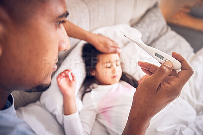Buy stock photo Thermometer, care and a man with a sick child for a fever, temperature check or virus. Nursing, house and a dad with a medical tool and a girl kid in the bed with a health problem or headache