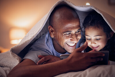 Buy stock photo Happy father, child and tablet at night, bedroom or home for online games, reading ebook or storytelling with blanket. Excited dad, girl and streaming cartoon movie on digital tech, media or internet