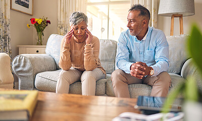 Buy stock photo Senior couple, fight and divorce in stress, conflict or argument from disagreement on living room sofa at home. Elderly man and woman in depression, infertility or toxic relationship in the house