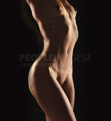 Buy stock photo Body, sensual and feminine with a nude woman on a dark background in studio for sexy skincare or beauty. Health, wellness and creative with a naked female model posing for natural or erotic art deco