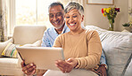 Tablet, video call and senior couple at home for communication, network connection or chat. Mature man and woman together with technology, social app and internet while laughing on a living room sofa