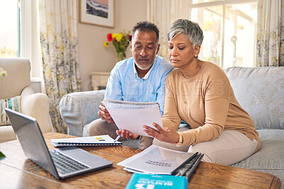 Buy stock photo Laptop, documents and finance with a senior couple in the home living room for retirement or budget planning. Computer, accounting or investment savings with a mature man and woman in a house