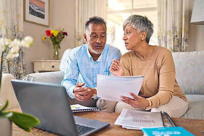 Buy stock photo Laptop, documents and accounting with a senior couple in the home living room for retirement or finance planning. Computer, budget or investment savings with a mature man and woman in a house