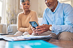Retirement paperwork, admin and a couple with a phone for finances, bills or home insurance. Document, communication and a man and woman with a mobile for a banking app and report for budget