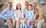 Big family, portrait and smile in home living room, bonding and having fun. Happy, grandparents and children, mother and father relax on sofa, love and enjoy quality time together on couch in house.