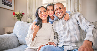 Buy stock photo Portrait, family and smile on sofa in home living room, bonding and having fun. Face, parents and happy child, mother and father with love, relax on couch and enjoying quality time together in house.