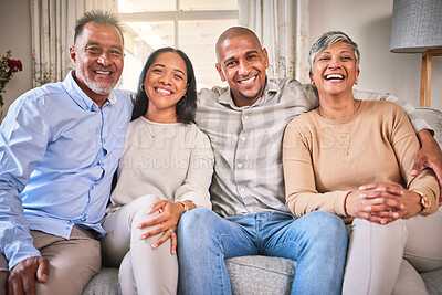 Buy stock photo Funny portrait, big family and smile in home living room, bonding and laughing. Care, senior parents and happy man and woman relax on sofa, having fun and enjoying quality time together in house.