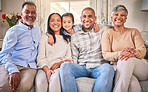 Big family, portrait and happy in home living room, bonding and having fun. Grandparents, smile and children, mother and father with love, relax on sofa and enjoying quality time together in house.