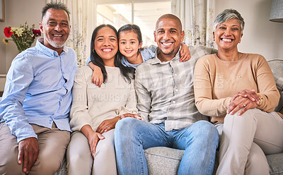 Buy stock photo Big family, portrait and happy in home living room, bonding and having fun. Grandparents, smile and children, mother and father with love, relax on sofa and enjoying quality time together in house.