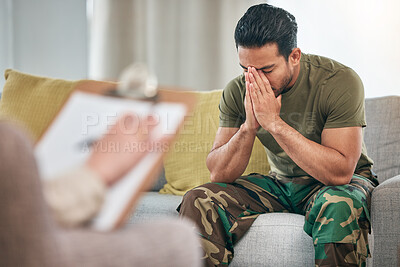 Buy stock photo Military man, depression and therapist for counselling and support for mental health. Stress, consultation and army veteran with trauma for therapy at psychologist person for problem and help