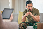 Military man, help and therapist for counselling with trauma mental health on sofa with anxiety. Depression, consultation and army veteran for problem or mental health with psychologist for support.