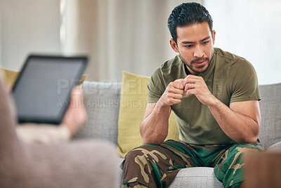 Buy stock photo Military man, help and therapist for counselling with trauma or mental health on sofa with anxiety in army. Depression, consultation and soldier for problem or frustrated with pstd at psychologist.
