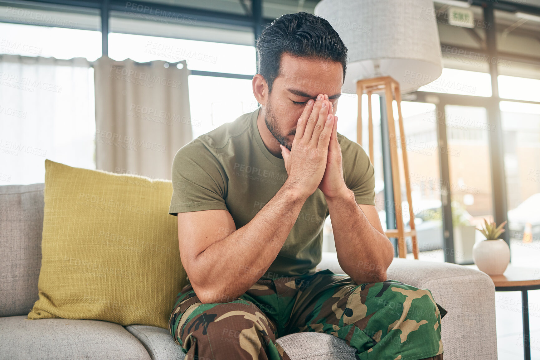Buy stock photo Military man, support and counselling for problem with help for trauma with mental health for depression. Consultation, army veteran and sad at therapist for ptsd with psychology or frustrated.