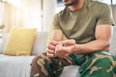 Buy stock photo Hands, soldier on sofa and military man with anxiety, depression or problem in home living room. Army person, couch and ptsd, stress or crisis after war, trauma and waiting in lounge alone in house.