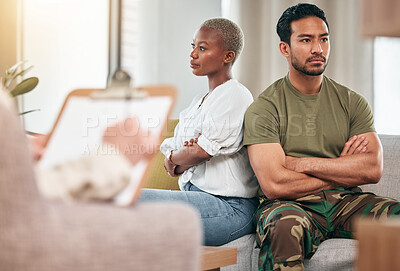 Buy stock photo Anger, therapy and a couple in counseling for marriage, psychologist help and veteran analysis. Army, interracial divorce and a man and woman in a therapist consultation for relationship problem