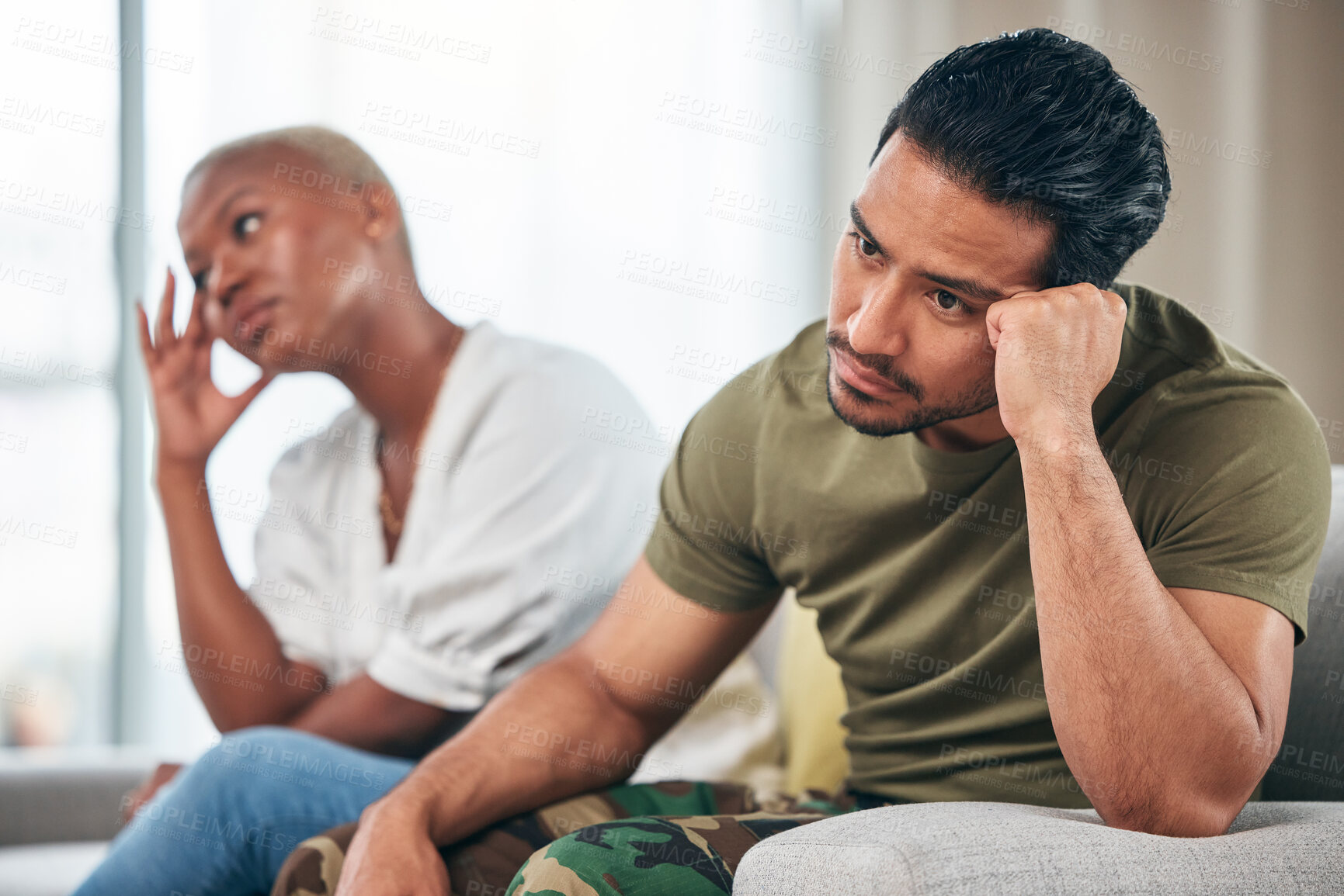 Buy stock photo Divorce, fight and couple on a couch, ignore and anger with depression, argument and marriage. Relationship, black woman or Asian man on a sofa, fighting and angry with stress, home and frustrated