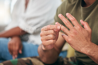 Buy stock photo Hand closeup, ring and couple with a divorce, marriage problem or home crisis. House, mental health and a man leaving relationship with a wife or woman after fail, conflict or relationshp separation
