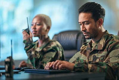 Buy stock photo Walkie talkie, working and army team at the station with computer giving directions. Technology, collaboration and soldiers in military room or subdivision with radio devices for war communication.