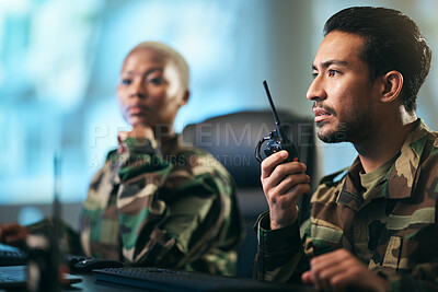Buy stock photo Walkie talkie, army and military team at the station with computer giving directions. Technology, collaboration and soldiers in control room or subdivision with radio devices for war contact.