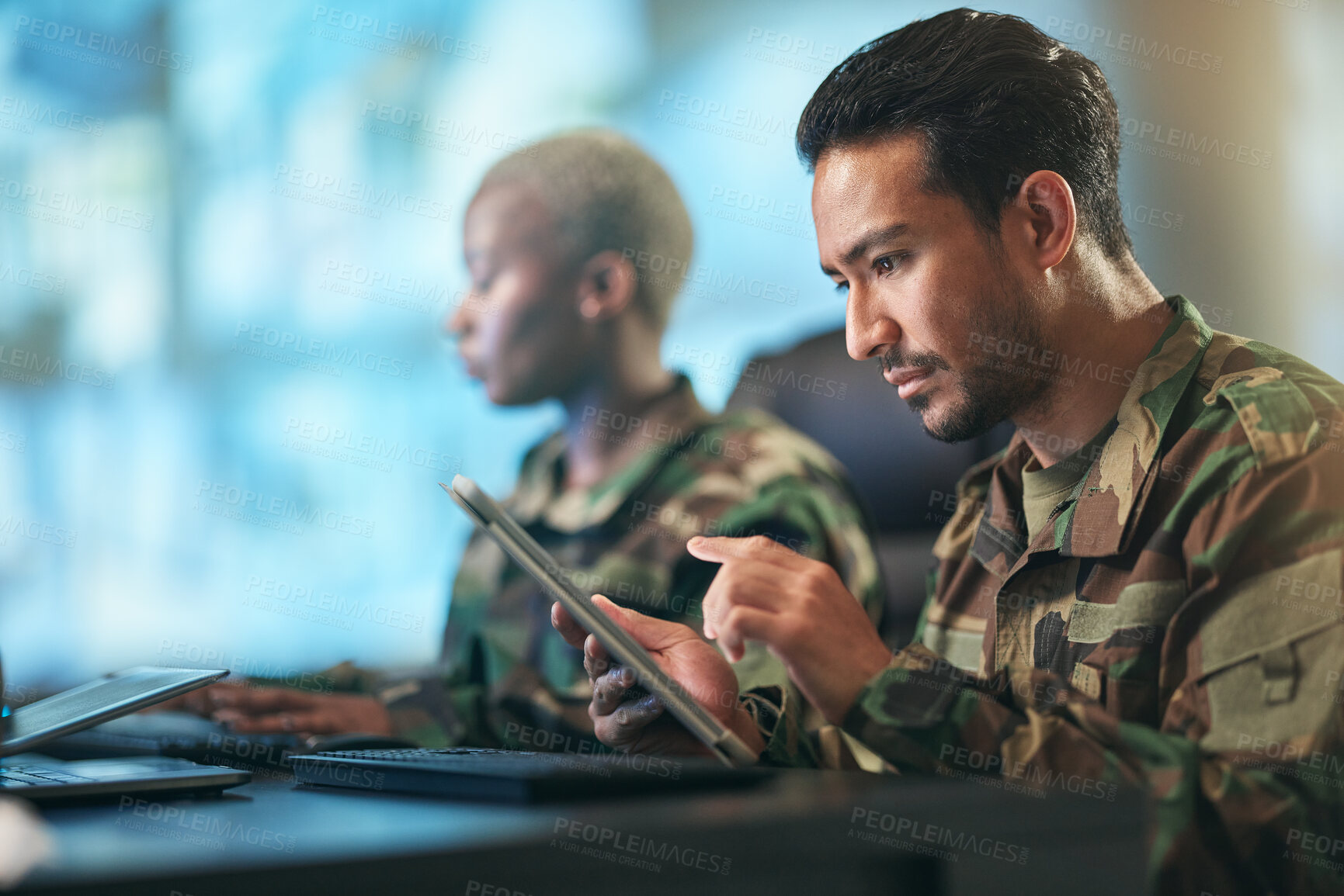 Buy stock photo Asian man, army and tablet in surveillance, control room or checking data for military intelligence. Male person, security or soldier working on technology for online dispatch or networking at base