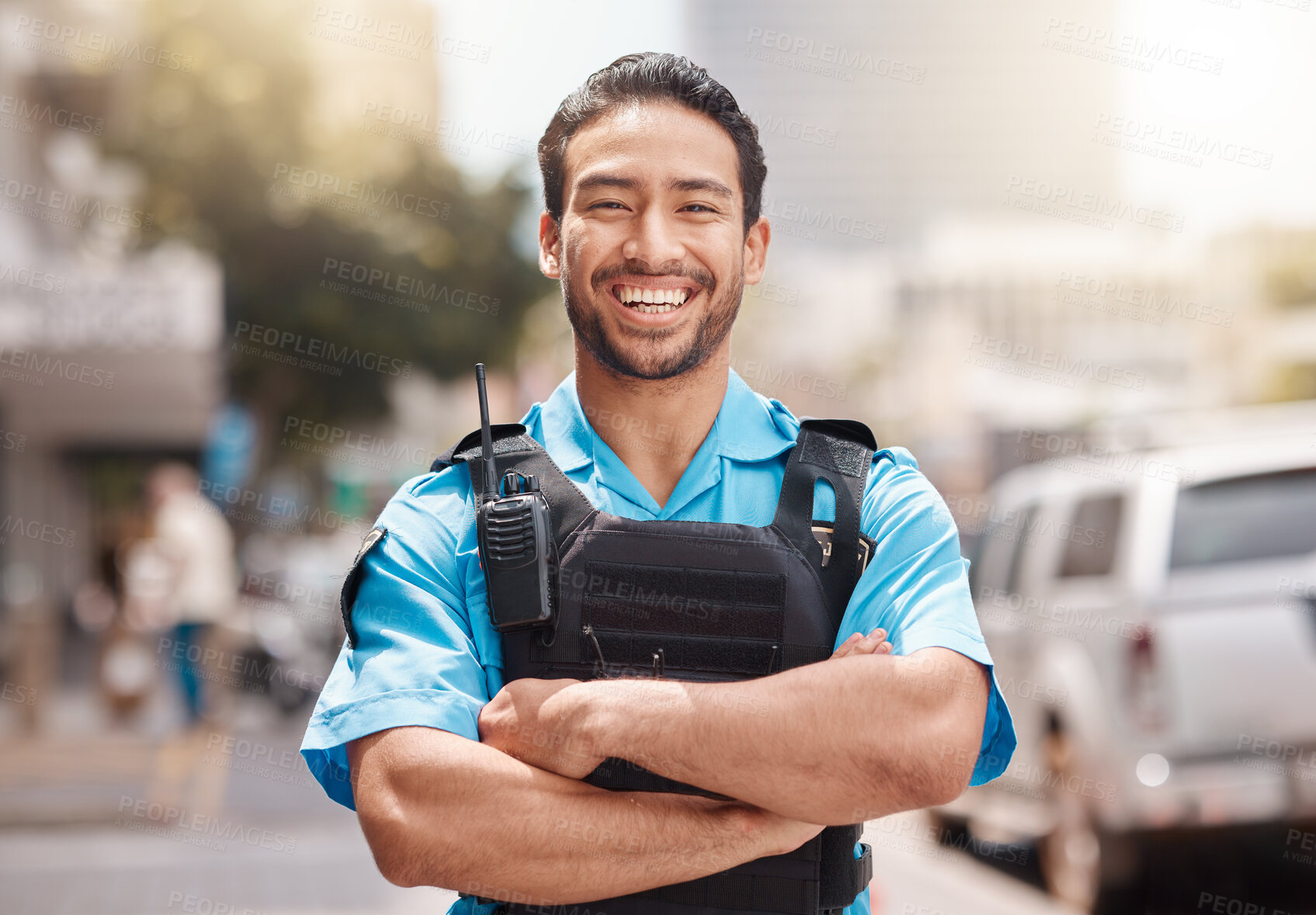 Buy stock photo Security guard, safety officer and happy portrait of man outdoor to patrol, safeguard and watch. Professional Asian male on city street for crime prevention, law enforcement and service with a smile